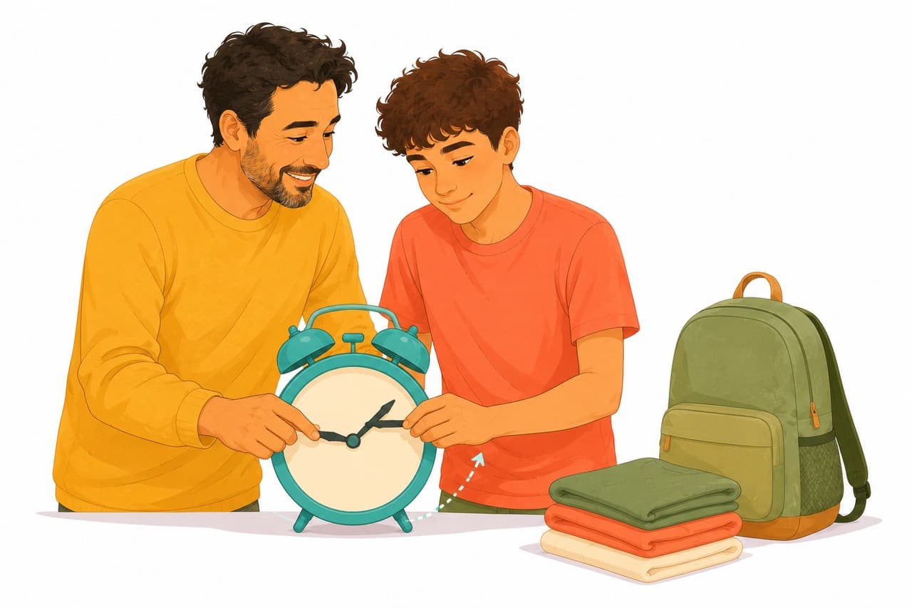 חזרה לשנת הלימודים — הורה ומתבגר מכוונים יחד שעון מעורר לקראת פתיחת השנה